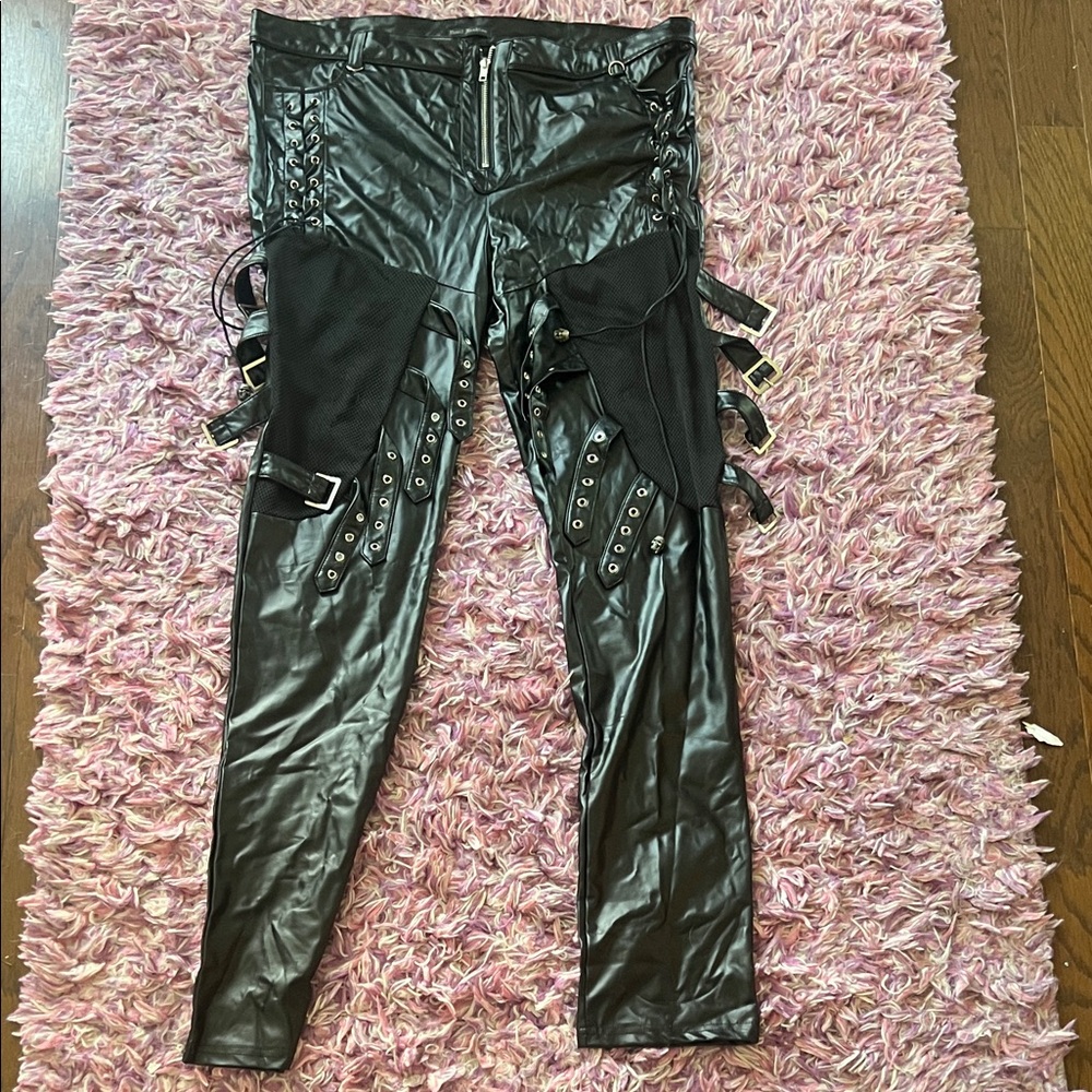 Faux pleather goth style pants with buckles and cute details.